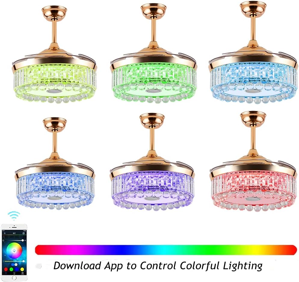42" Smart Ceiling Fan with Lights Remote Control, Gold Crystal Fandelier with Bluetooth Speaker Retractable Blades 7 Color Dimmable Chandelier Fan Fixtures, 6-Speeds, Reversible Motor