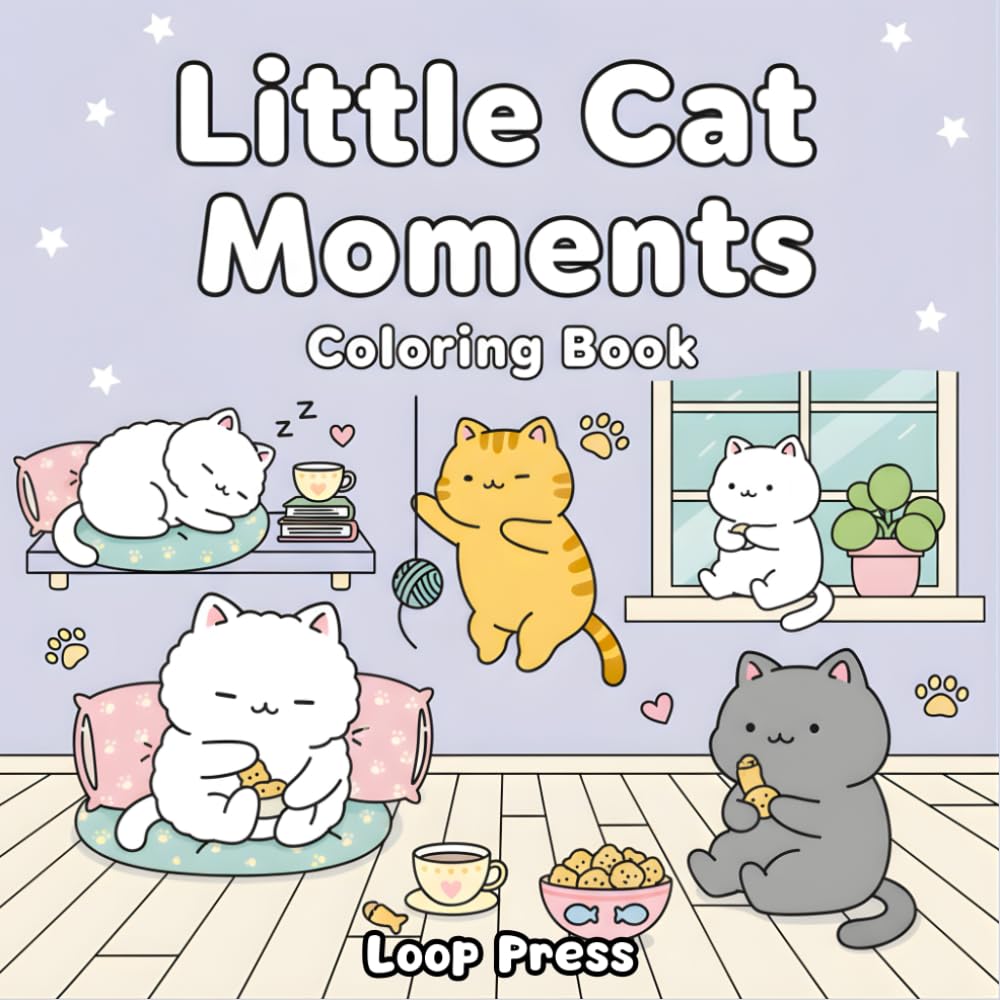 Little Cat Moments Coloring Book: for Adults and Teens Featuring Funny and Cute Cats in Cozy Hygge Moments for Relaxation and Stress Relief