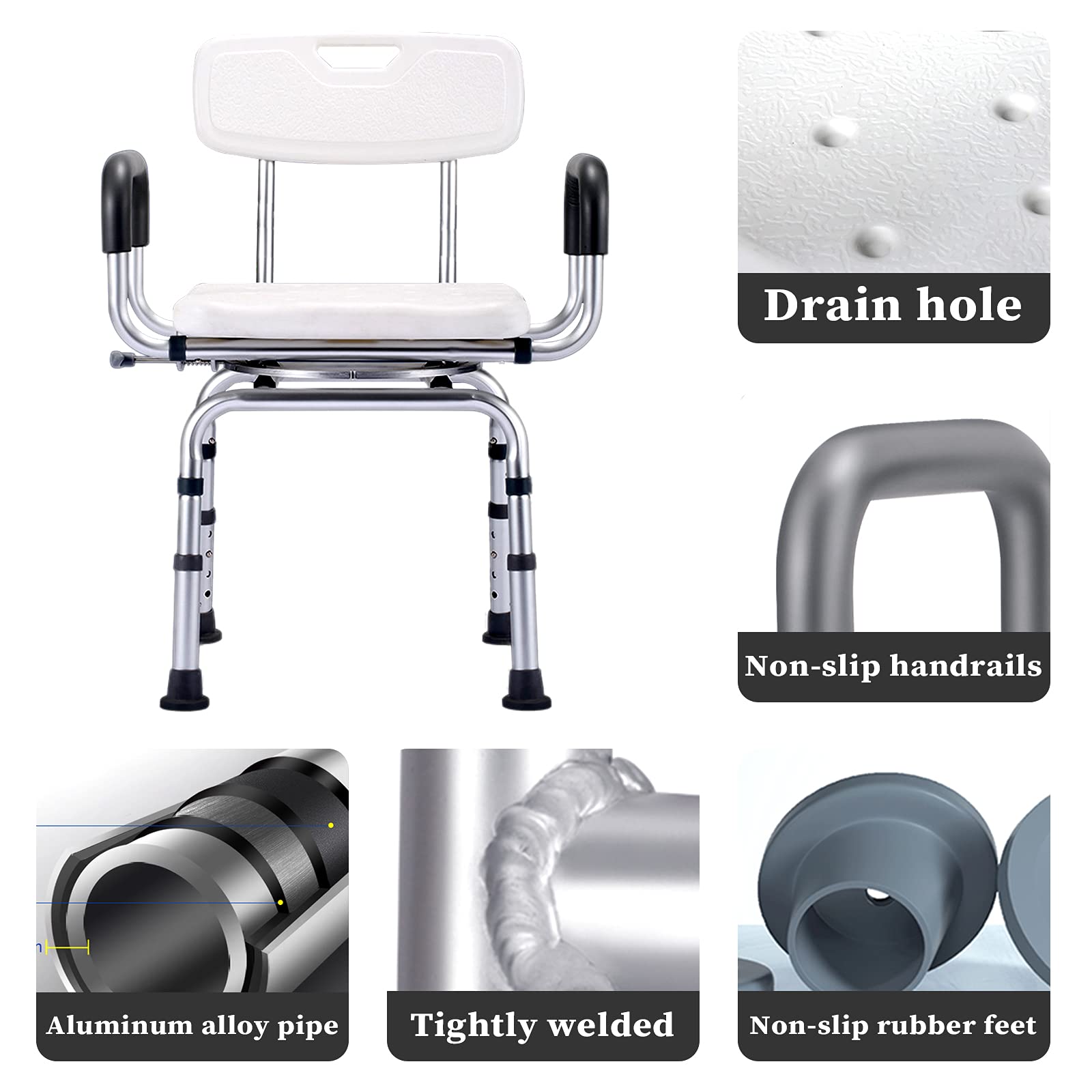 Taburete de ducha giratorio para ancianos y discapacitados, asiento de baño de altura ajustable con brazos, diseño antideslizante impermeable, aluminio, carga máxima 180 kg