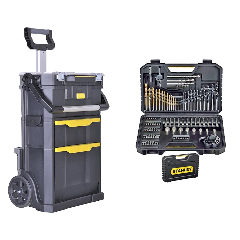 Stanley STST1-79231 - Taller móvil para herramientas 2 en 1, Dimensiones 53 x 75.60 x 32 cm & STA7205-XJ - Juego de Brocas (Taladro, Albañilería, Metal, Madera) Acero inoxidable