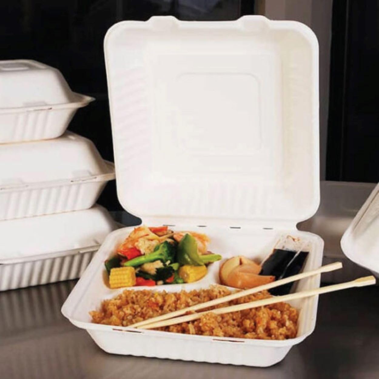 HOT BARGAINS Bagasse 3 Compartment Meal Box 9 inch Square Container, Pack of 50, White