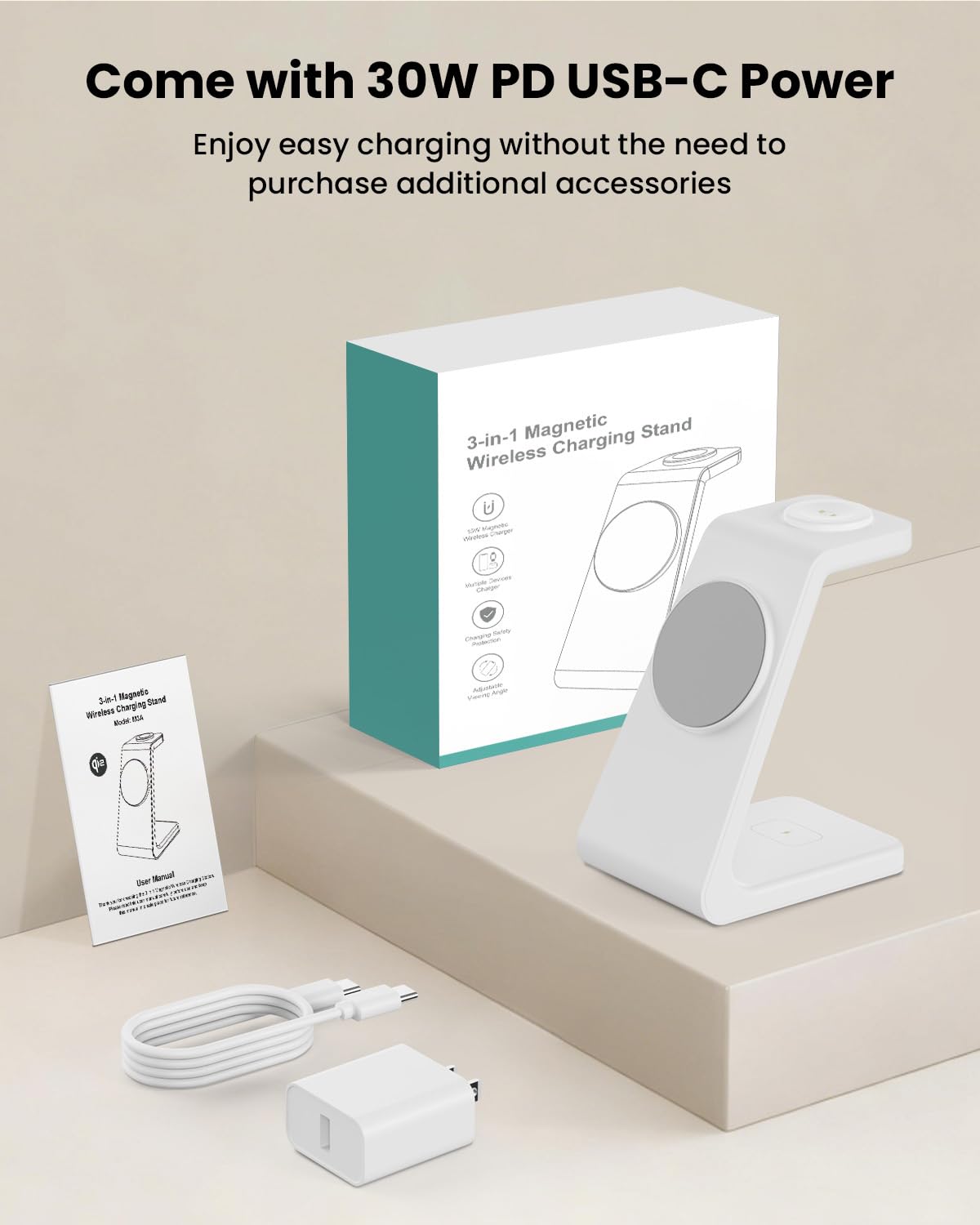 GEEKERA Station de charge sans fil 3 en 1 pour MagSafe, Qi2 certifié Qi2 15 W, support de chargeur sans fil magnétique rapide, compatible avec iPhone 16/15/14/13/12, Apple Watch, AirPods 4/3/Pro