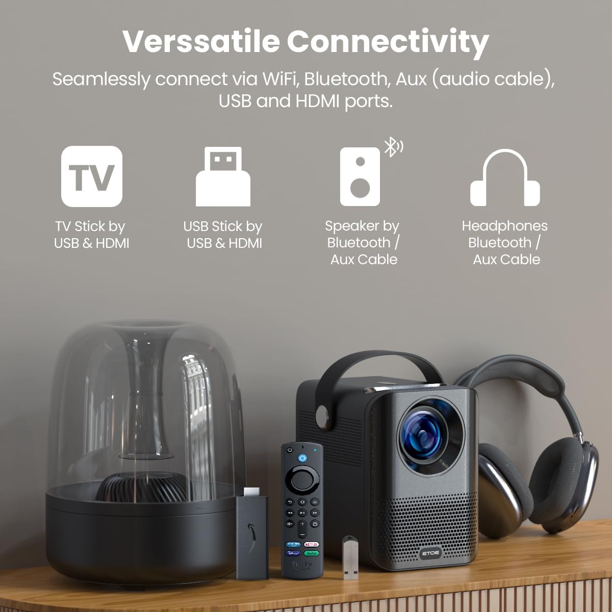 ETOE Smart Projector showing various connectivity ports and compatible devices