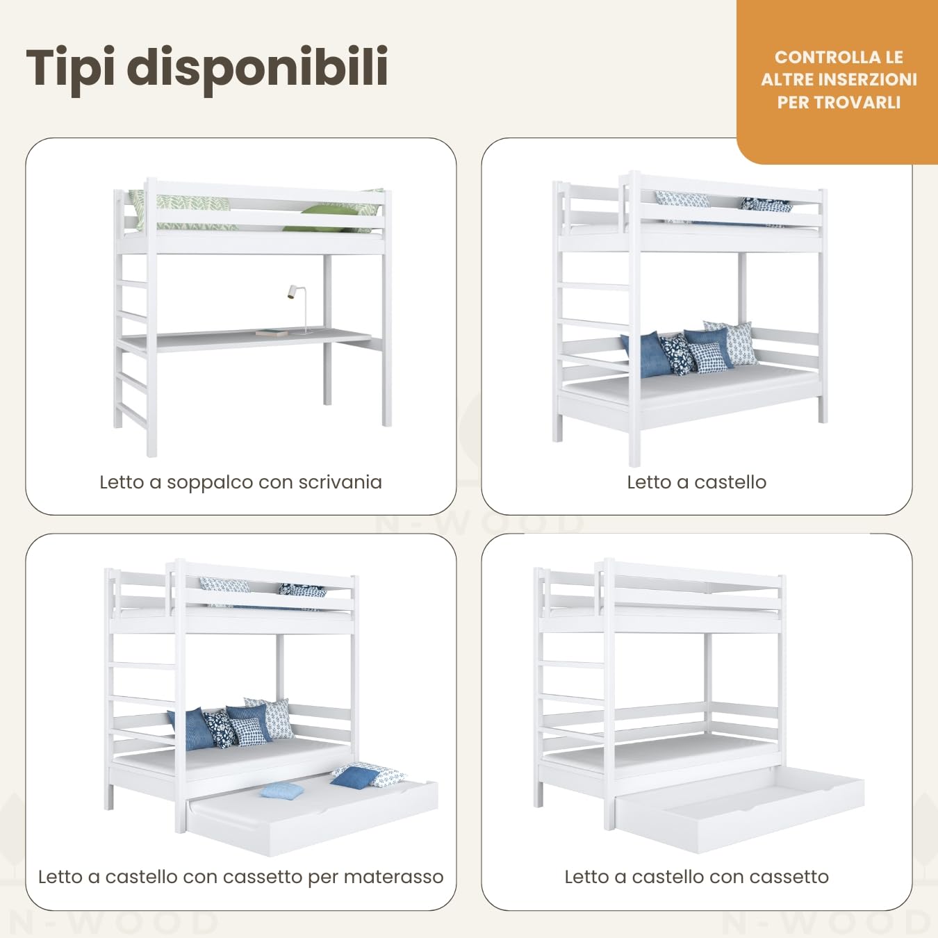 N01 Letto a Soppalco 90x180 cm, 100% Legno massello, Lettino per bambini e adulti, Scala universale: destra o sinistra, Struttura inclusa, Nessuna vite sporgente, Bianco
