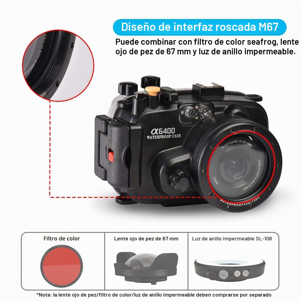 Sea frogs Carcasa impermeable para cámara Sony A6400, 40 m, se puede utilizar con lente de 16 a 50 mm (carcasa + filtro rojo)