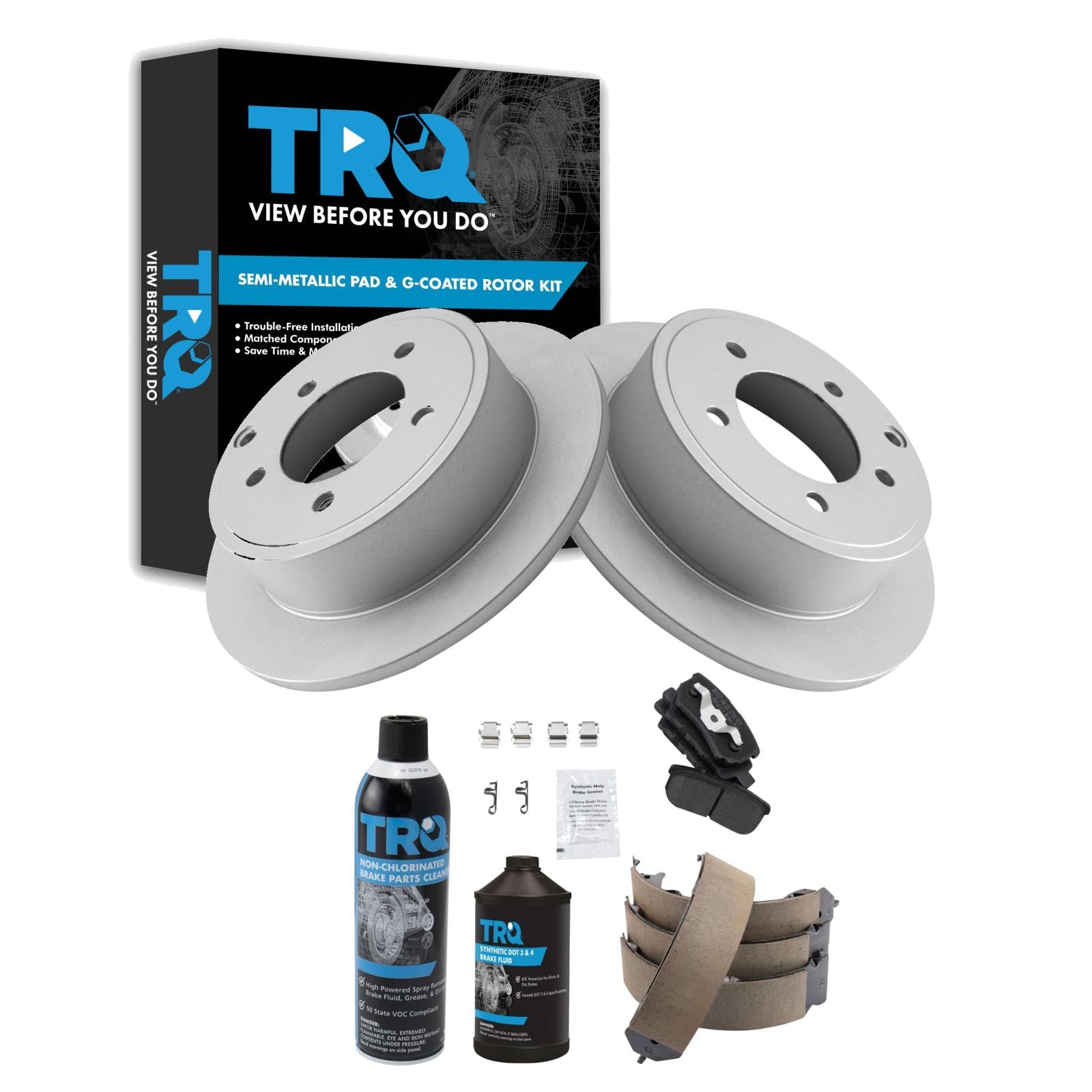 TRQ Rear Brake Pad &amp; Rotor Kit, with Chemical Kit Parking Brake Shoe Set Semi-Metallic Compatible with 2014 Dodge Avenger