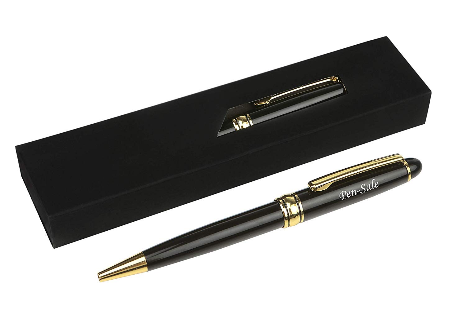 Bulk Buy: 25 x Personalised Luxury Ballpoint Engraved Pen In A Gift Box - Personalised Gifts For Anniversary Or Any Gift Idea, Gifts For Men, Gifts For Woman - Enter Your Custom Text (Black Gold Trim)