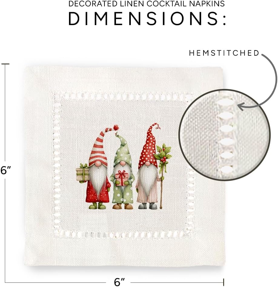 Jolitee Christmas Decorative Hemstitch Cocktail Napkins, 6"x6" Washable Linen-Like Cloth Napkins, Handmade for Holiday Entertaining & Everyday Use (Christmas Gnomes, Set of 6)