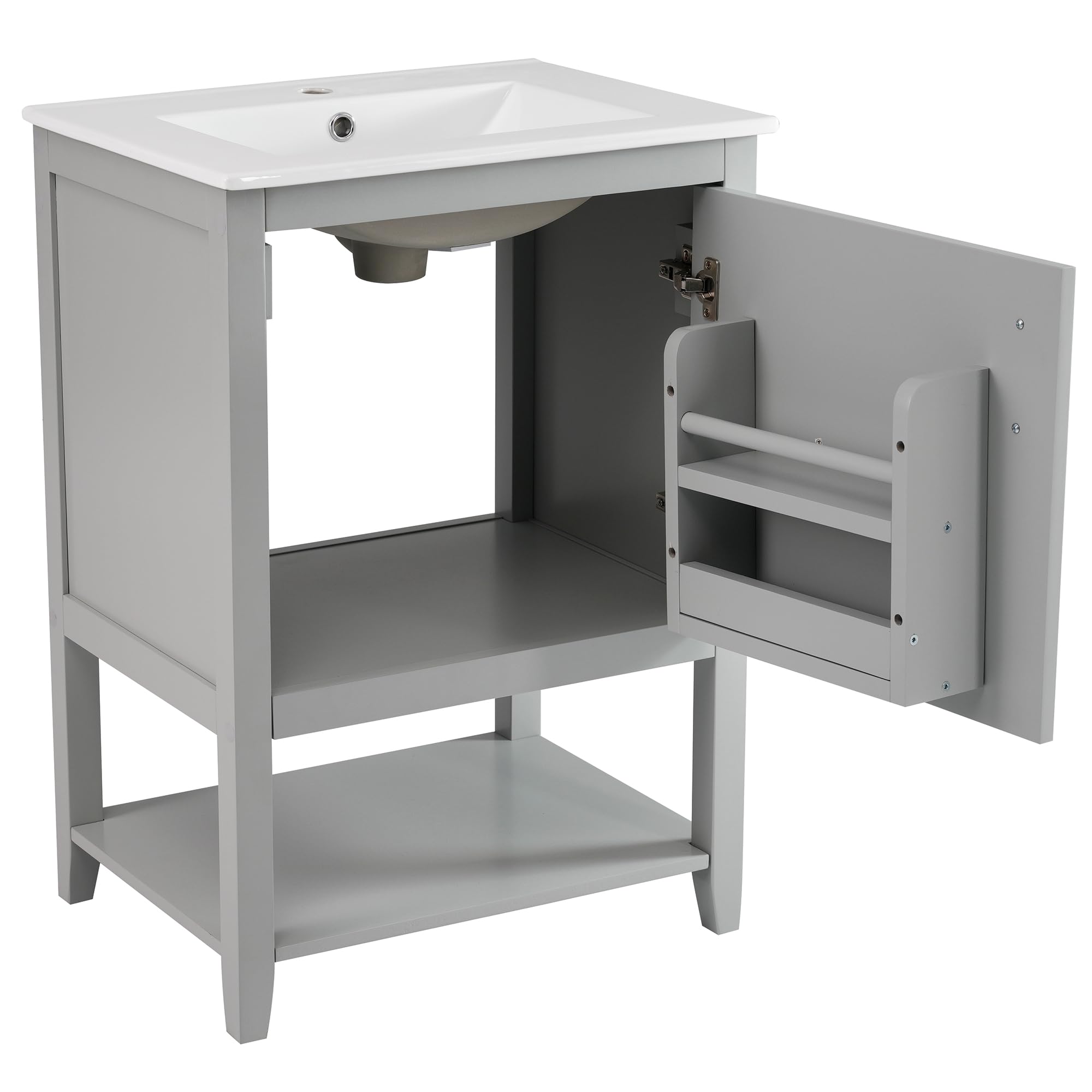 Mueble de baño individual para lavabo de 60 cm con lavabo de cerámica, con estante (gris claro)