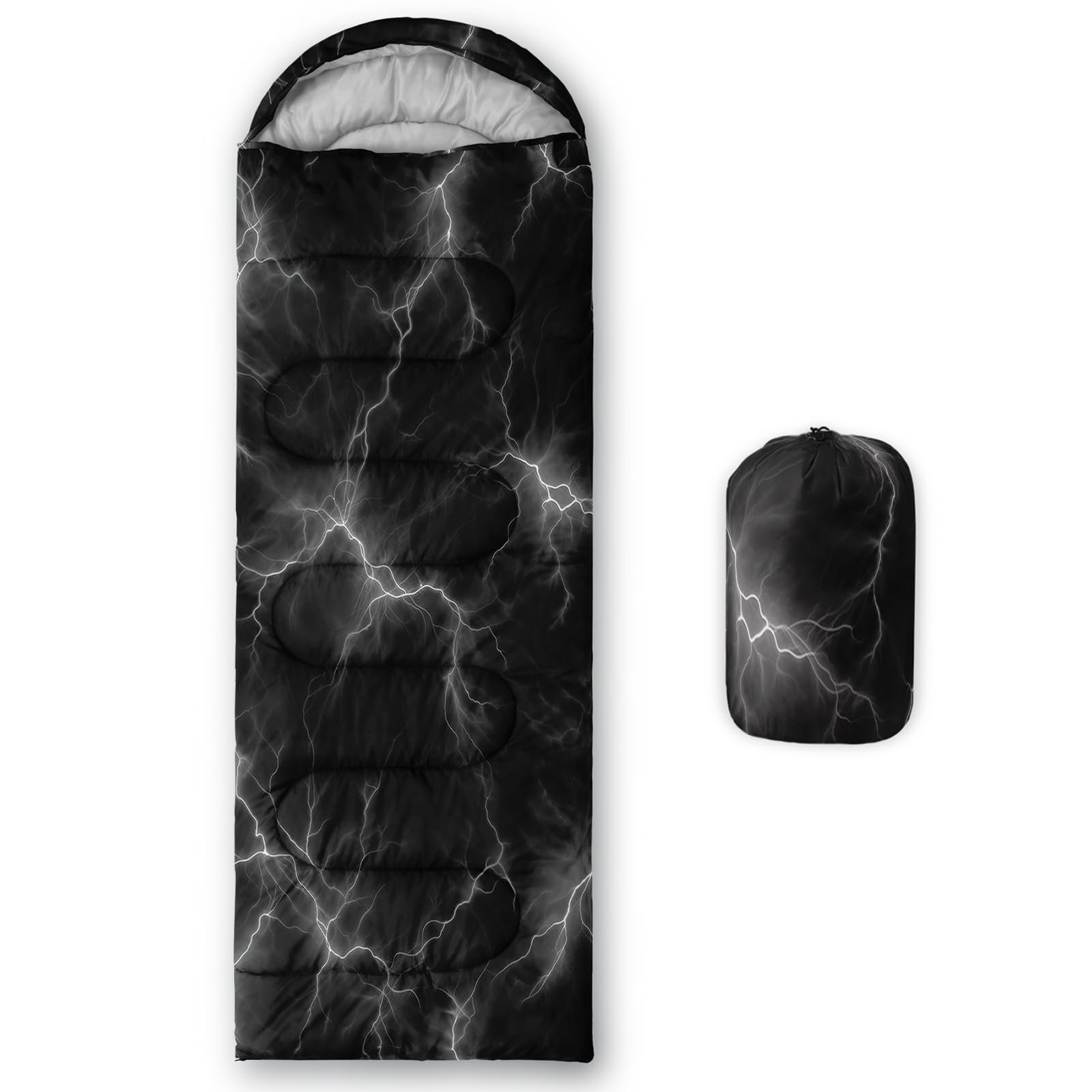 QOOMO White Lighting Printed Camping Sleeping Bags,3 Season Warm & Cool Weather,Lightweight,Waterproof Sleeping Bags for Adults & Kids,Traveling,and Outdoors,Camping Gear Equipment,31x90inch