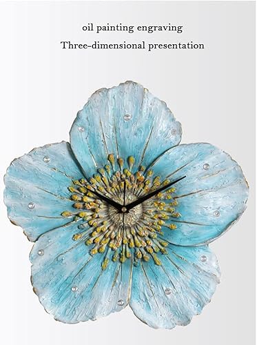 Miniatura 3 de Reloj de pared de pared con forma de flor azul para sala de estar, pintura al óleo, reloj decorativo 3D, funciona con pilas, reloj de pared floral