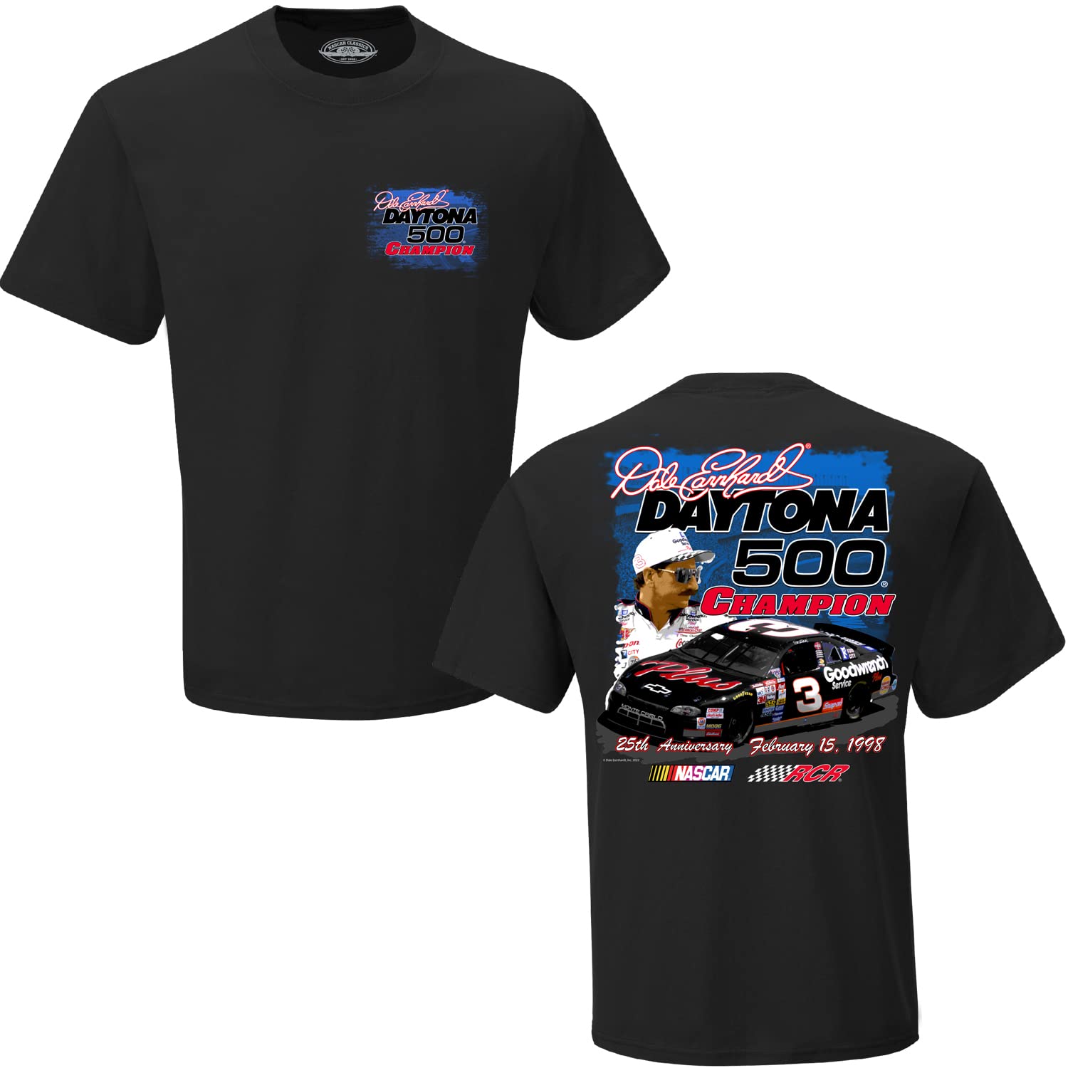 Dale Earnhardt Sr #3 GM Goodwrench Car 2 Sided Daytona 500 Anniversary Adult Nascar Black Shirt, Black, M