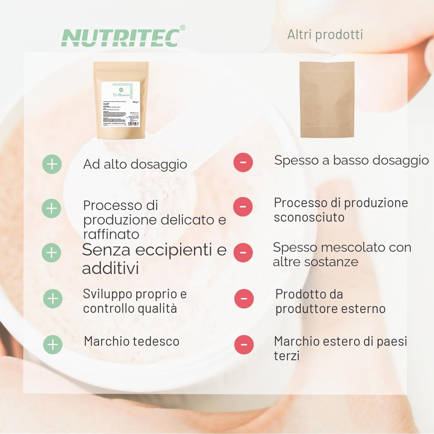 Polvere di mannoso pura da 500 g, con cucchiaio dosatore, senza additivi, qualità tedesca, ad alto dosaggio, ben solubile, vegano, senza OGM Nutritec