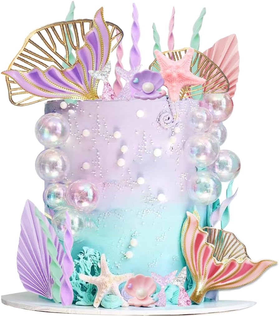 Mermaid Cake Topper Big Mermaid Tails Seaweed Bubbles Shells and Golden Ginkgo Leaves Cake Set for Mermaid Under the sea Cake Decor