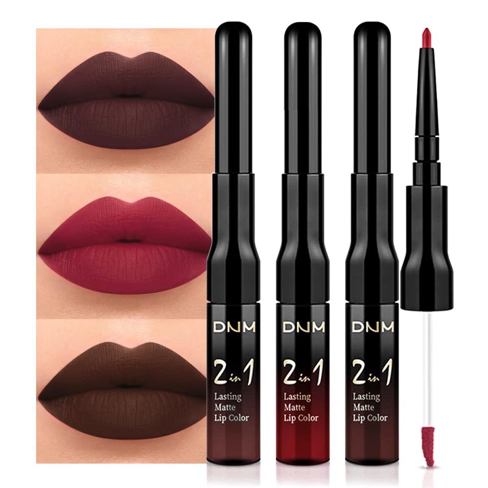 evpct 3Pcs Dark Brown Ruby Deep Red Matte Lip Liner Pencil and Liquid Lipstick Sets for Women Long Lasting Waterproof, 24 Hour Lipstick Lip Stick/Gloss Set labiales mate 24 horas originales, 02