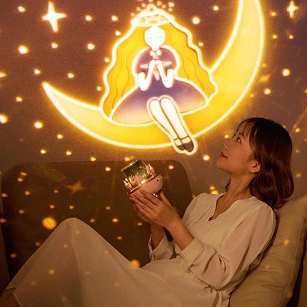 Star Projector Night Light with Music Box Shape 12 Dynamic Visual Themes Rechargeable Battery for Bedroom Decor