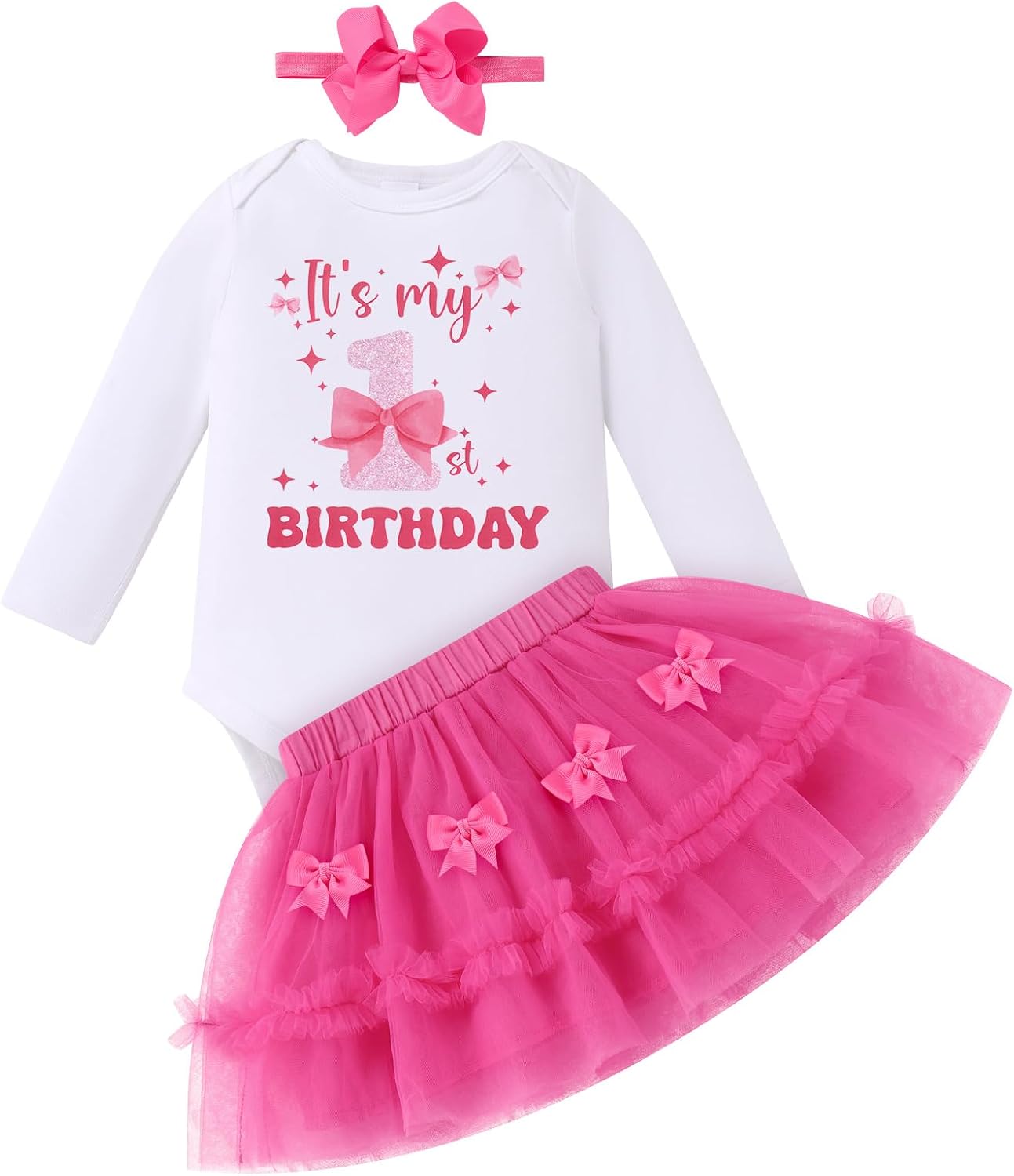 IDOPIP Pink Bow 1st Birthday Outfit Girl Baby Clothes Long Sleeve Romper Tulle Tutu Skirt Headband for Cake Smash Photo Shoot