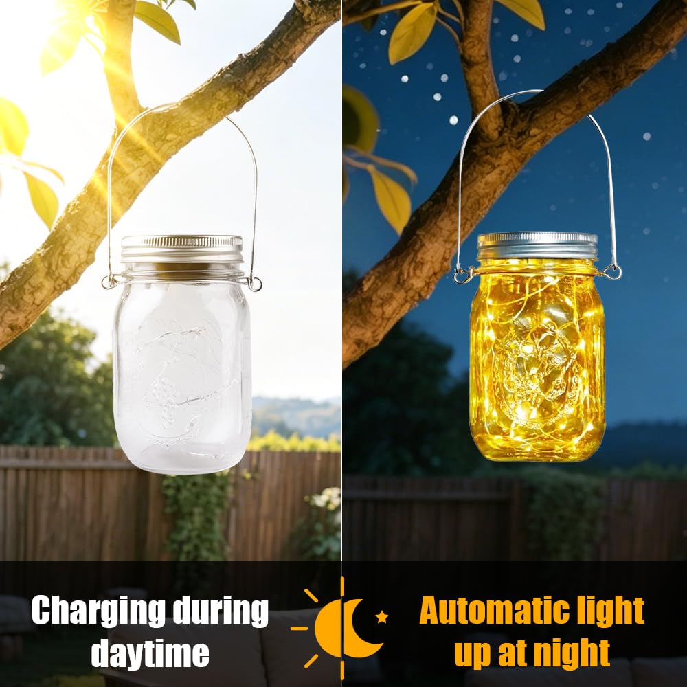6 luci solari di ricambio, 30 LED Mason Jar, lanterna solare per esterni, con ganci, impermeabili, con coperchio per barattoli, per giardino, terrazza, balcone, feste