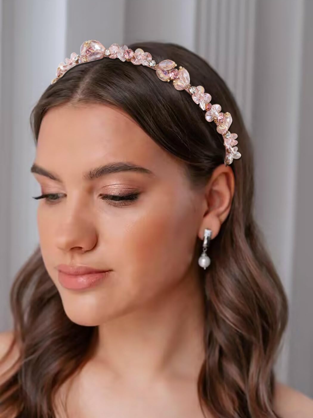 IYOU Glitter Rhinestone Headband Pink Crystal Hair Bands Thin Retro Party Prom Hair Accessories for Women - Image 2
