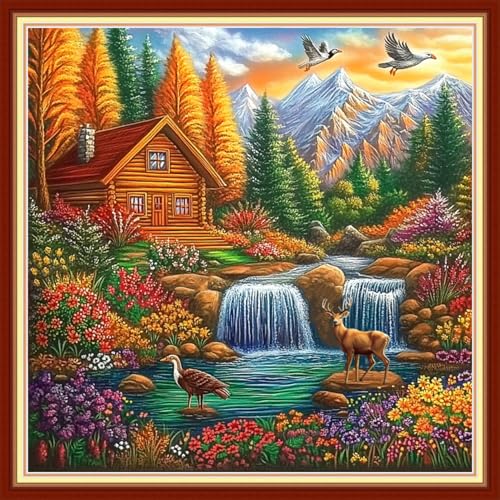 Image of Joyhoor Cross Stitch Kits for Beginners Stamped Cross-Stitch Supplies Needlework preprint Embroidery Kits for Adults DIY Needlepoint Kits Embroidery Patterns 11CT-Autumn Waterfall Home 18x18 inchs