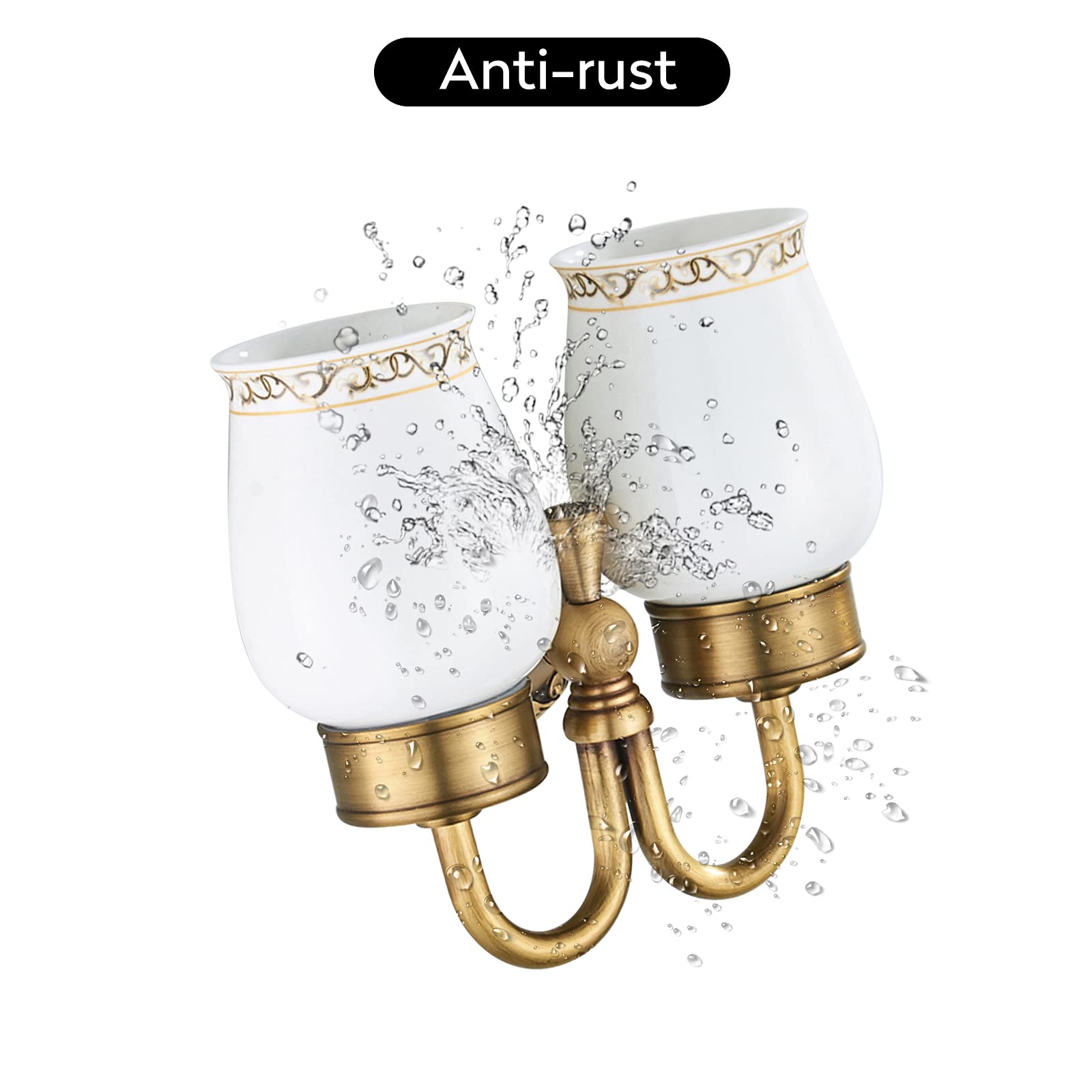 Weare Home Antike Zahnputzbecherhalter, Messing Zahnbecherhalter,Retro Klassic Solide Kupfer Zahnbürstenhalter und Keramik Glas Form Doppelt Zahnbürstenhalter