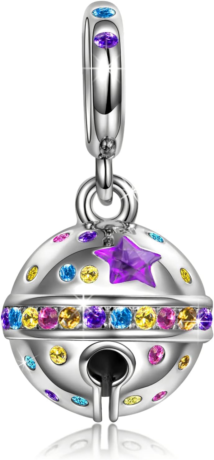 NINAQUEEN Jingle Bells 925 Sterling Silver Bead Charms, 5A Cubic Zirconia and Hand-applied Enamel, Jewelry Box included for Christmas Gifts, Compatible with Charms Bracelet and Necklace (White Gold)