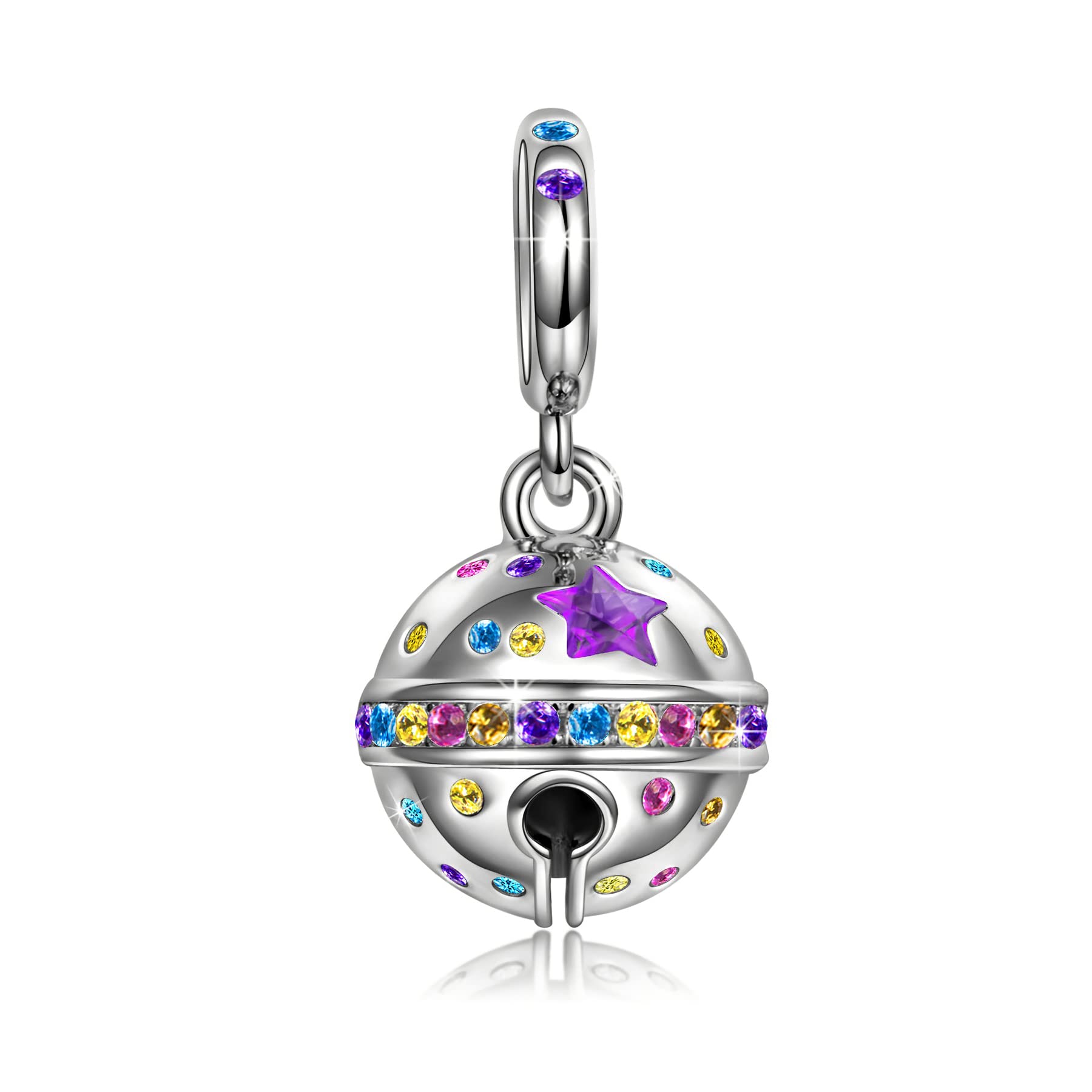NINAQUEEN Jingle Bells 925 Sterling Silver Bead Charms, 5A Cubic Zirconia and Hand-applied Enamel, Jewelry Box included for Christmas Gifts, Compatible with Charms Bracelet and Necklace (White Gold)