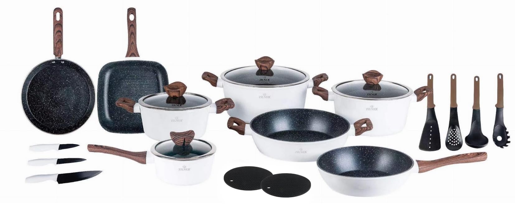 Lot de 21 Casseroles, Revêtement Marbré, Couvercles en Verre, Blanc | Compatible tous feux dont induction, antiadhésif céramique effet marbré, set complet poêles et ustensiles de cuisine