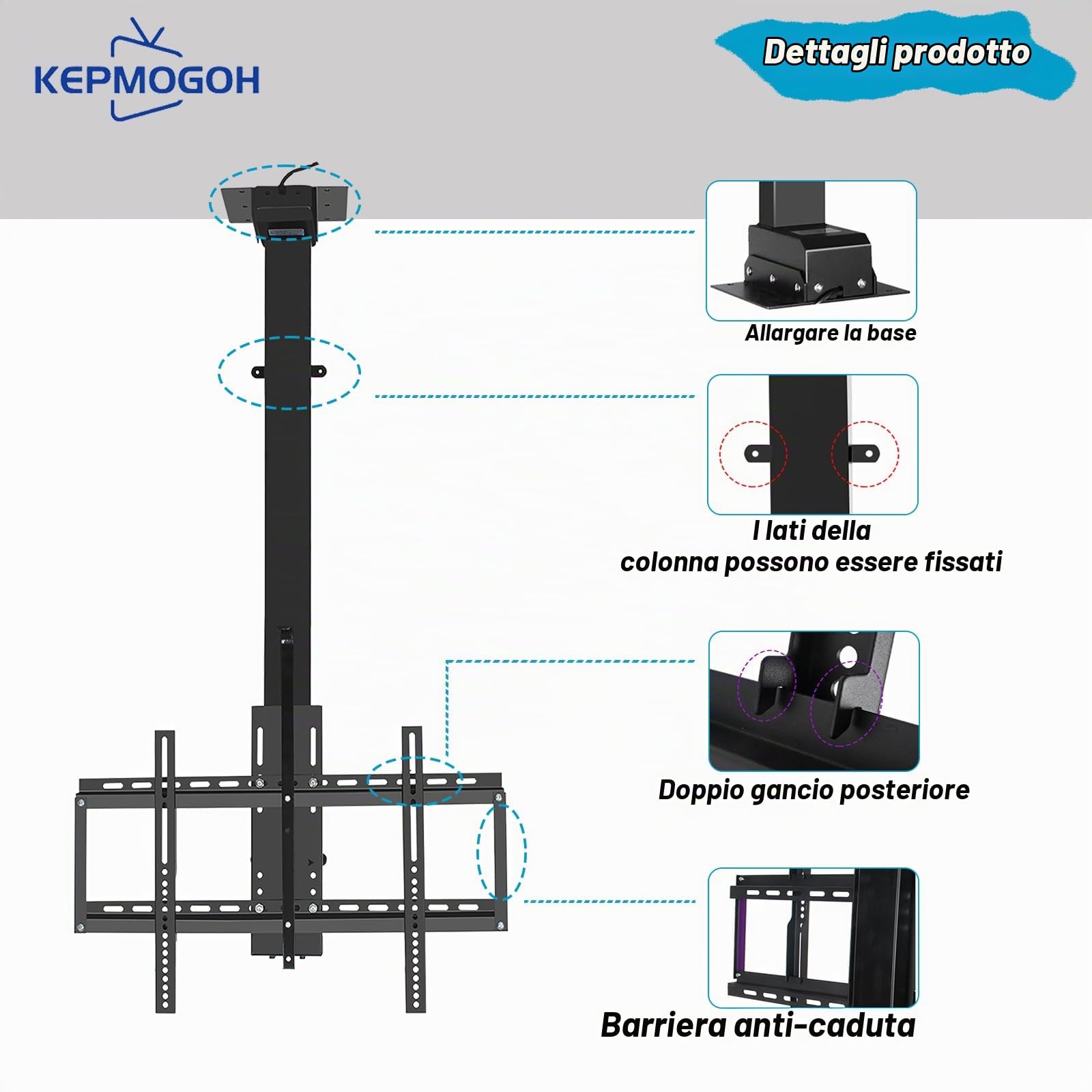 supporto tv motorizzato per schermi al plasma/LCD/LED da 32-70 pollici, Sollevamento automatico supporto tv soffitto with telecomando, Max VESA 600x400 mm, che Regge fino a 60 kg (730-1730mm)