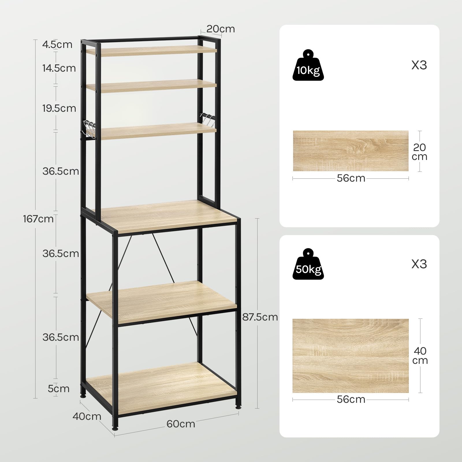 WOLTU Scaffale da Cucina con 6 Ripiani, Scaffale per Microonde con 6 Ganci, Struttura in Metallo, Legno Ingegnerizzato, 60x40x167cm, Rovere Chiaro+Nero