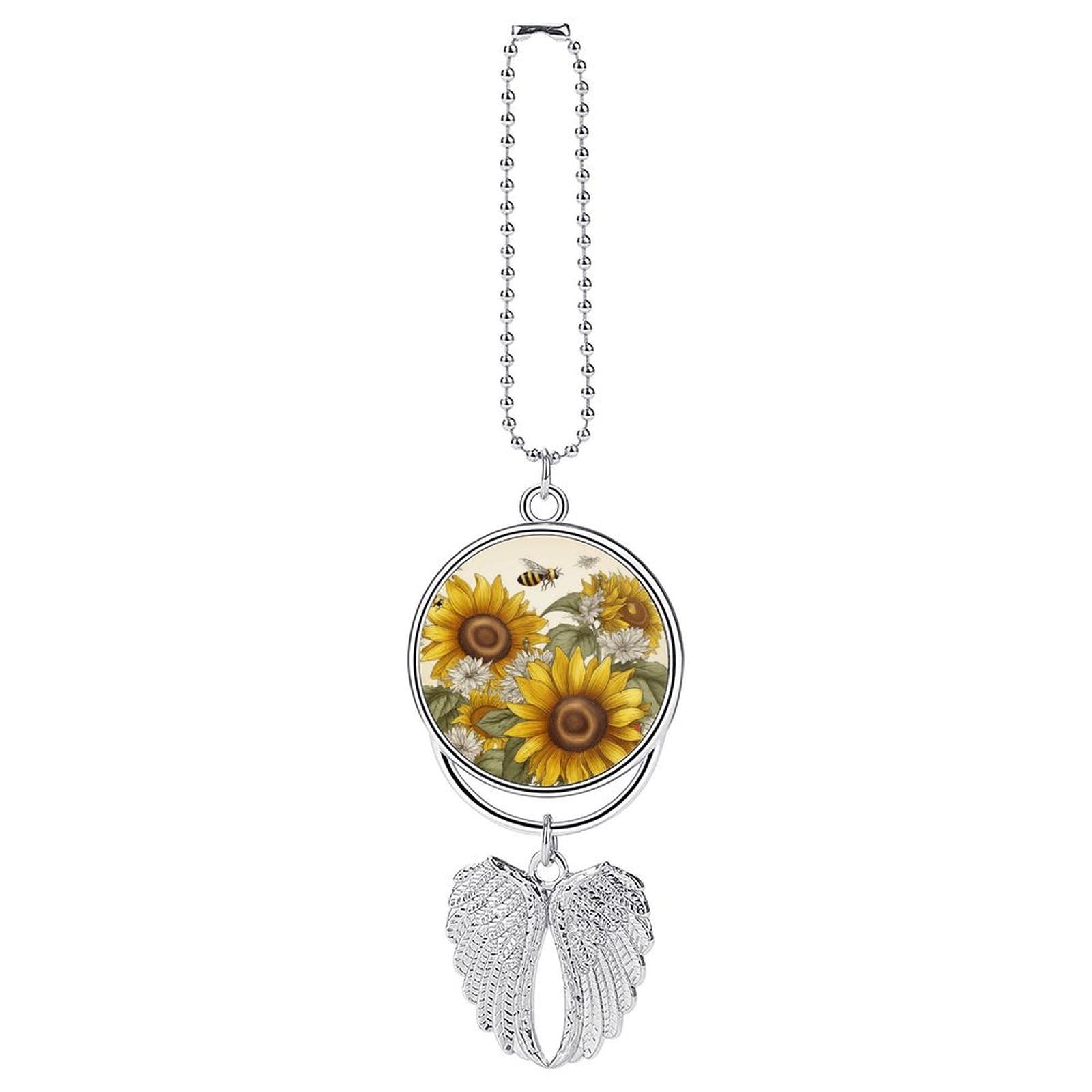 Bees Sunflowers Daisy Rose Flowers Car Pendant Car Rearview Mirror Pendant Custom Photo Car Hanging Ornament Car Rear View Mirror Hanging Accessories Angel Wing Car Charm Gift for Men Women