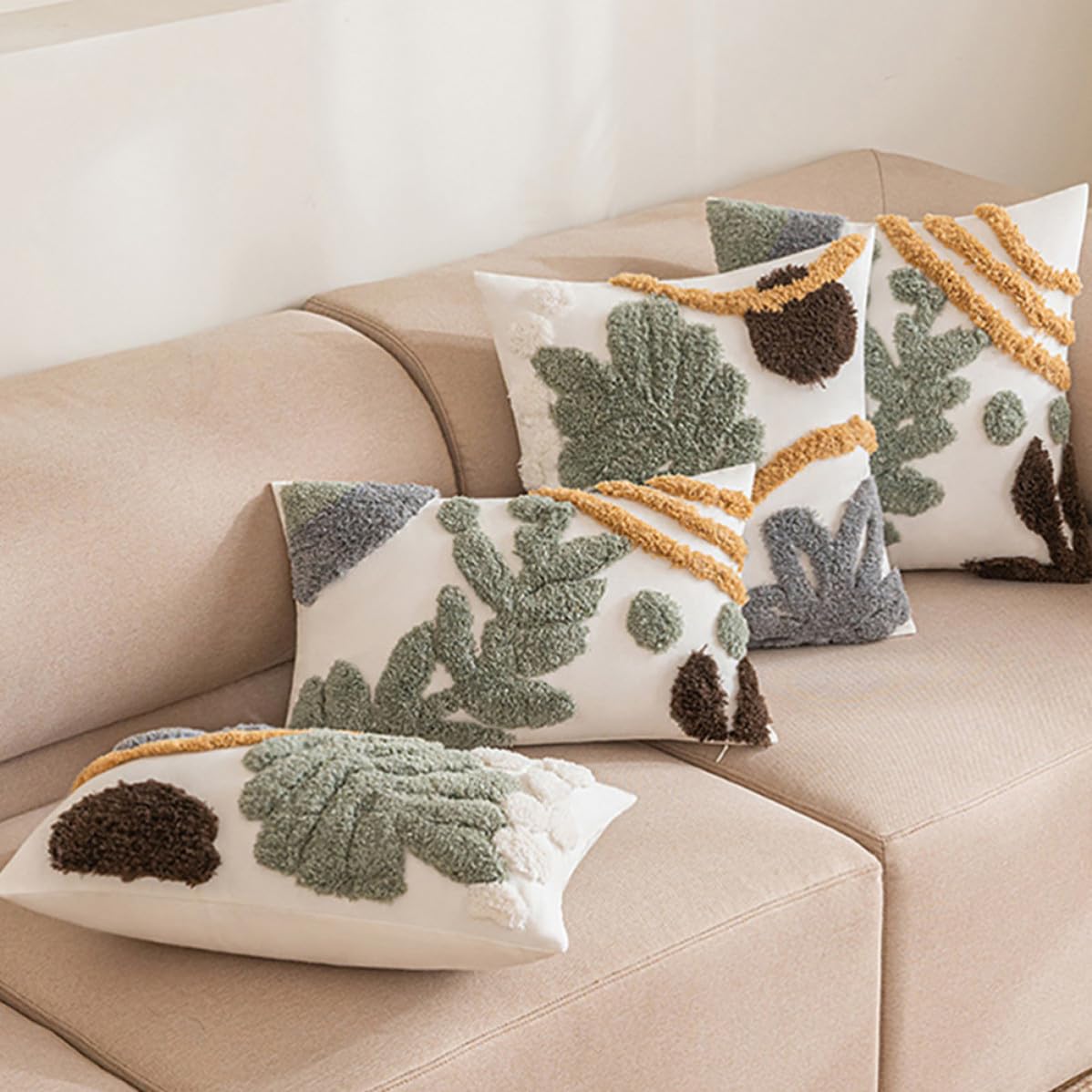 Fundas de Cojín Decorativas de Estilo Bohemio Diseño de Hojas, Hechas de Felpa y Algodón, Cómodas para Sofá y Sala de Estar, Juego