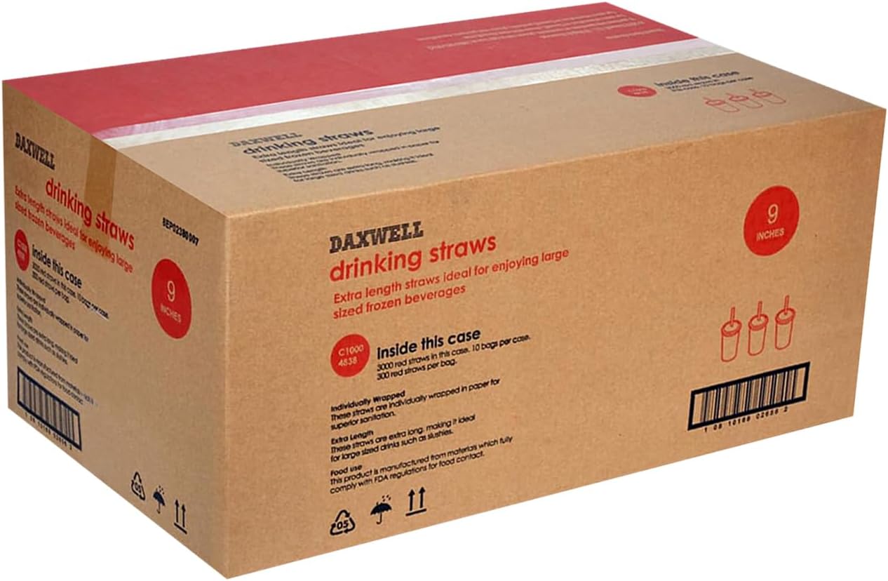 Daxwell 9" Individually Wrapped Plastic Straws, Red, C10004838 (Case of 3,000)