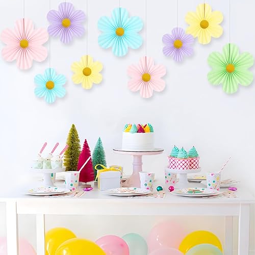Miniatura 3 de Decoraciones de fiesta pastel de flores de papel para pared de aula, abanicos de papel, telón de fondo floral, decoración de pared, paquete de 9