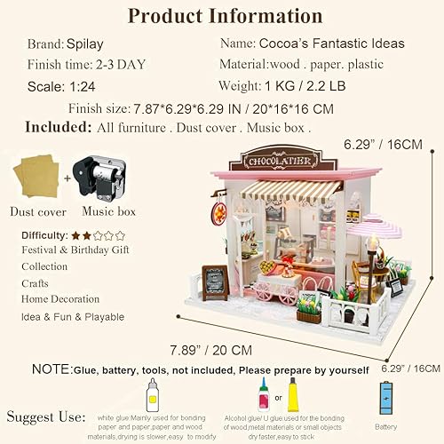 Miniatura 4 de Spilay Casa de muñecas en miniatura con muebles, kit de casa de muñecas de bricolaje, mini manualidades hechas a mano con cubierta antipolvo y caja