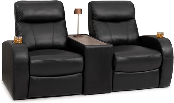 Seatcraft Rialto Black Italian Leather Home Theater Seating, Power Recliner Chair with Wireless Charging Console Table, Lounge Sofa for Family Living and Cinema Room, Row of 2