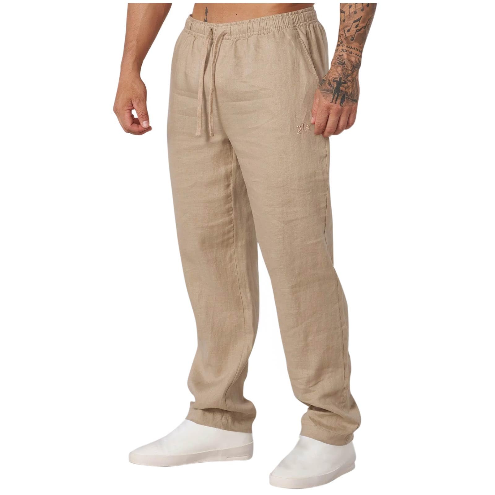 Cambkatl Men's Straight Linen Lounge Pants Lightweight Casual Elastic Waist Drawstring Outdoor Travel Sweatpants with Pockets