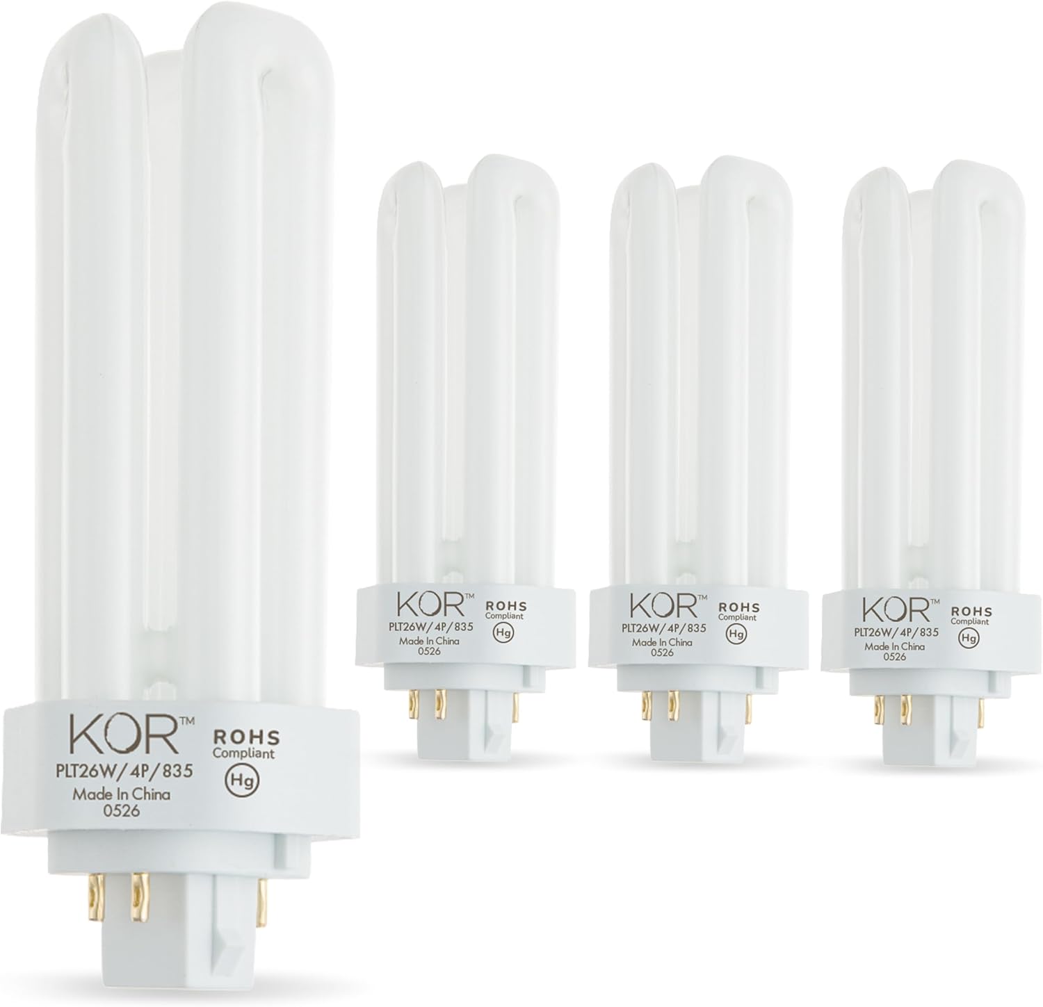 KOR (Pack of 4 26 Watt Triple Tube - GX24Q-3 (4 Pin) Base -3500K White - CFL Light Bulb - Philips 268243 PL-T 26W/35/4P/ALTO - GE 97616 F26TBX/835/A/ECO