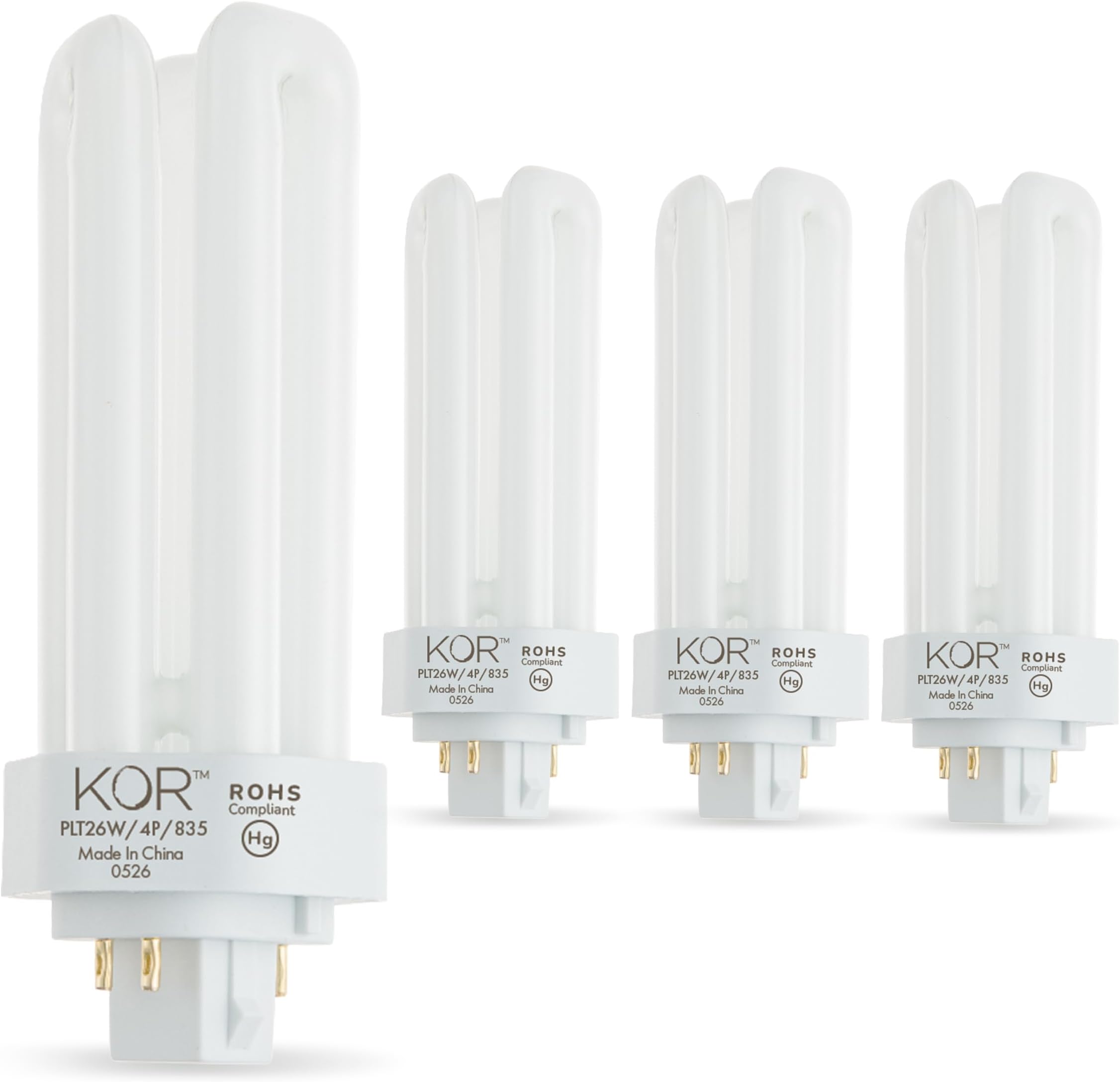 KOR (Pack of 4 26 Watt Triple Tube - GX24Q-3 (4 Pin) Base -3500K White - CFL Light Bulb - Philips 268243 PL-T 26W/35/4P/ALTO - GE 97616 F26TBX/835/A/ECO