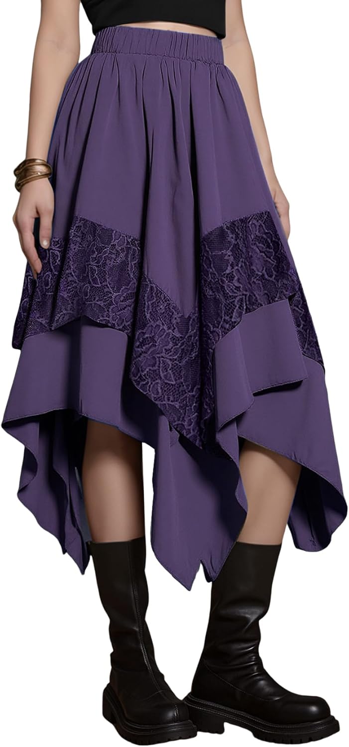 Yimoon Womens Renaissance Skirt Lace Tiered Asymmetrical Flowy Fairy Long Skirt High Waist Gothic Midi Skirts