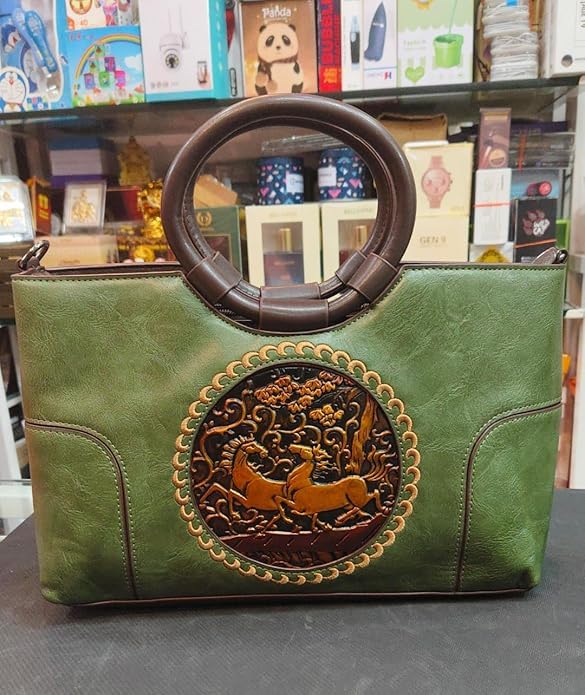 Image of Green Faux Leather Handbag for Women | Embossed Horse Design Tote with Round Handle | Elegant Top Handle Shoulder Bag for Office, Party & Daily Use