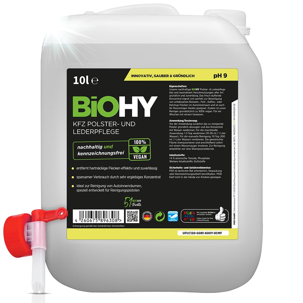 BiOHY KFZ Polster- & Lederpflege (10 Liter Kanister) + Auslaufhahn | KFZ- Innenraum Aufbereitung & Lederpflege | hinterlässt angenehmen Geruch | Fleckenentferner für Autositze