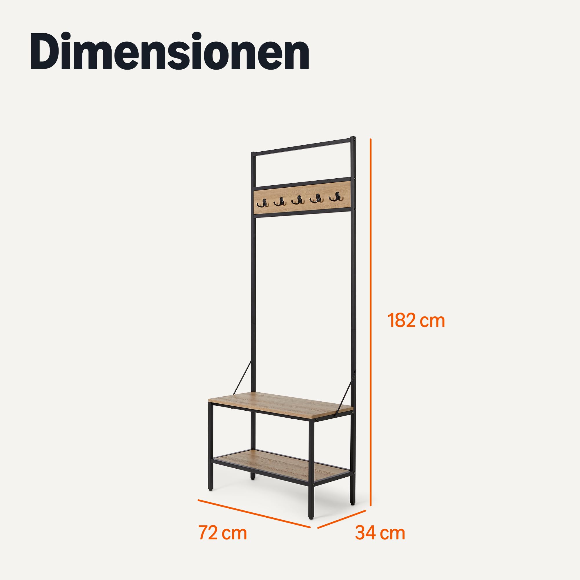 Amazon Basics Bank für den Eingangsbereich mit Haken, Garderobenständer, Kleiderständer, Flurgarderobe mit Schuhfach, 34cm x 72cm x 182cm, Eiche