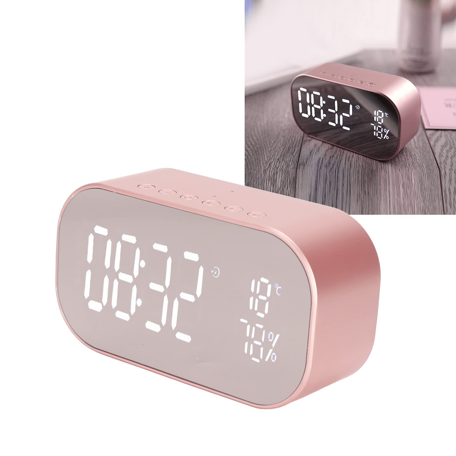 Goshyda Reloj Despertador Digital, 2200mah Radio FM Reloj Despertador Multifunción, con Altavoz Bluetooth, con Antena Externa, para Dormitorio en Casa, Regalo para Niños(Oro Rosa)