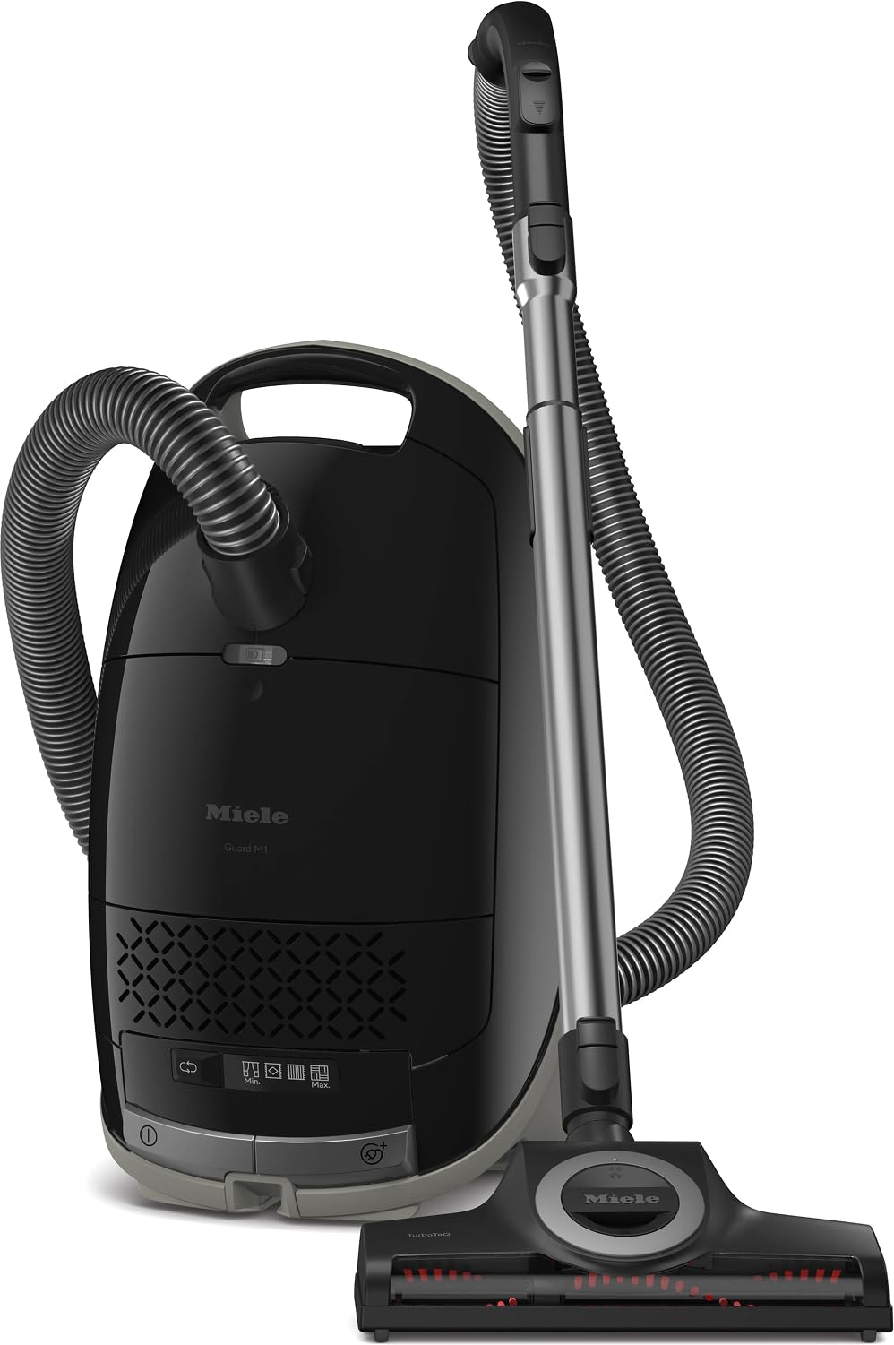 Aspiradora de bote con bolsa Miele Guard M1 para gatos y perros, ideal para dueños de mascotas, con filtro Active AirClean que reduce el olor, cabezal de suelo TurboTeQ y cabezal de suelo universal AllTeQ en negro obsidiana y gris espacial.