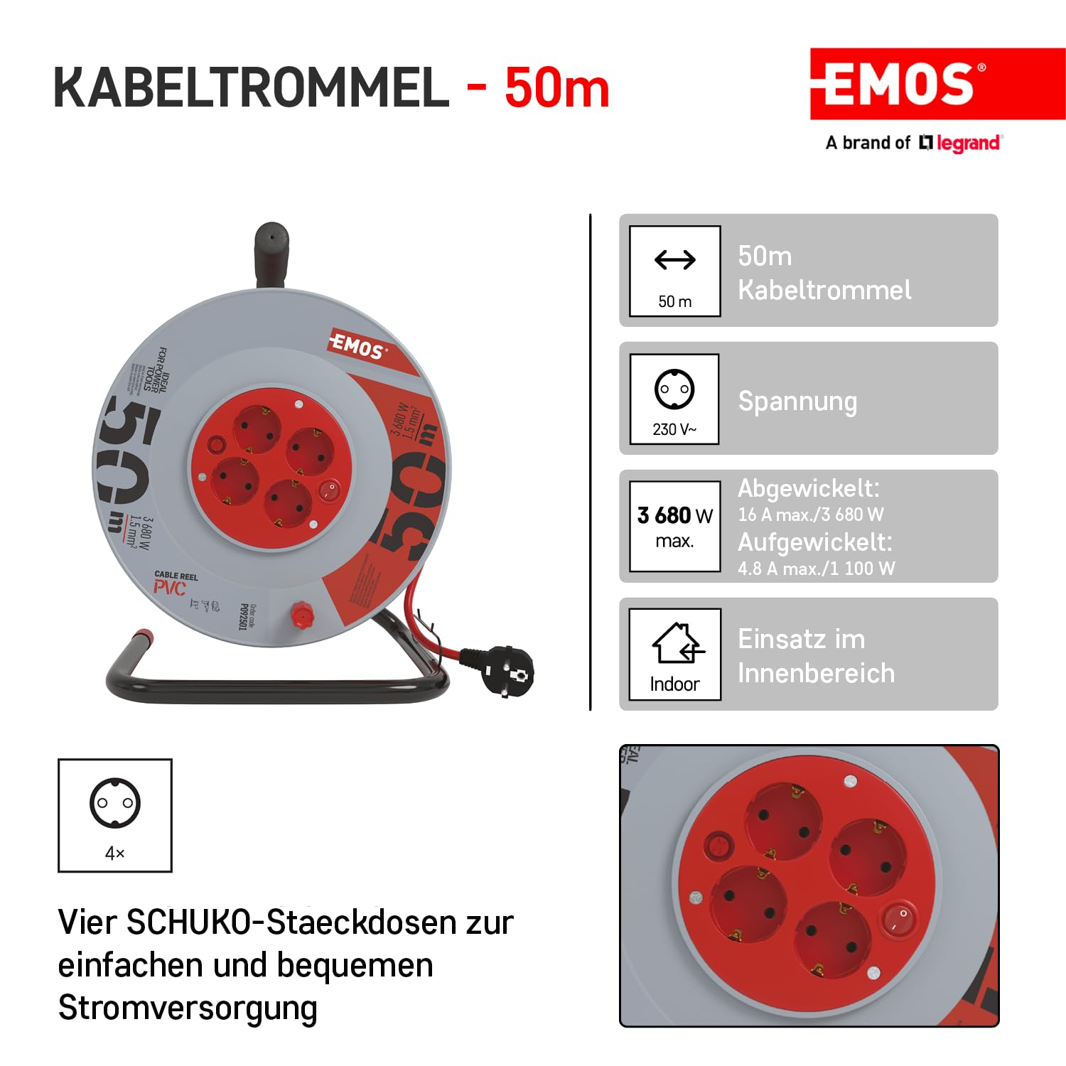 Emos Cable alargador en Bobina Enrollable con Interruptor (50 m, con 4 enchufes Schuko)