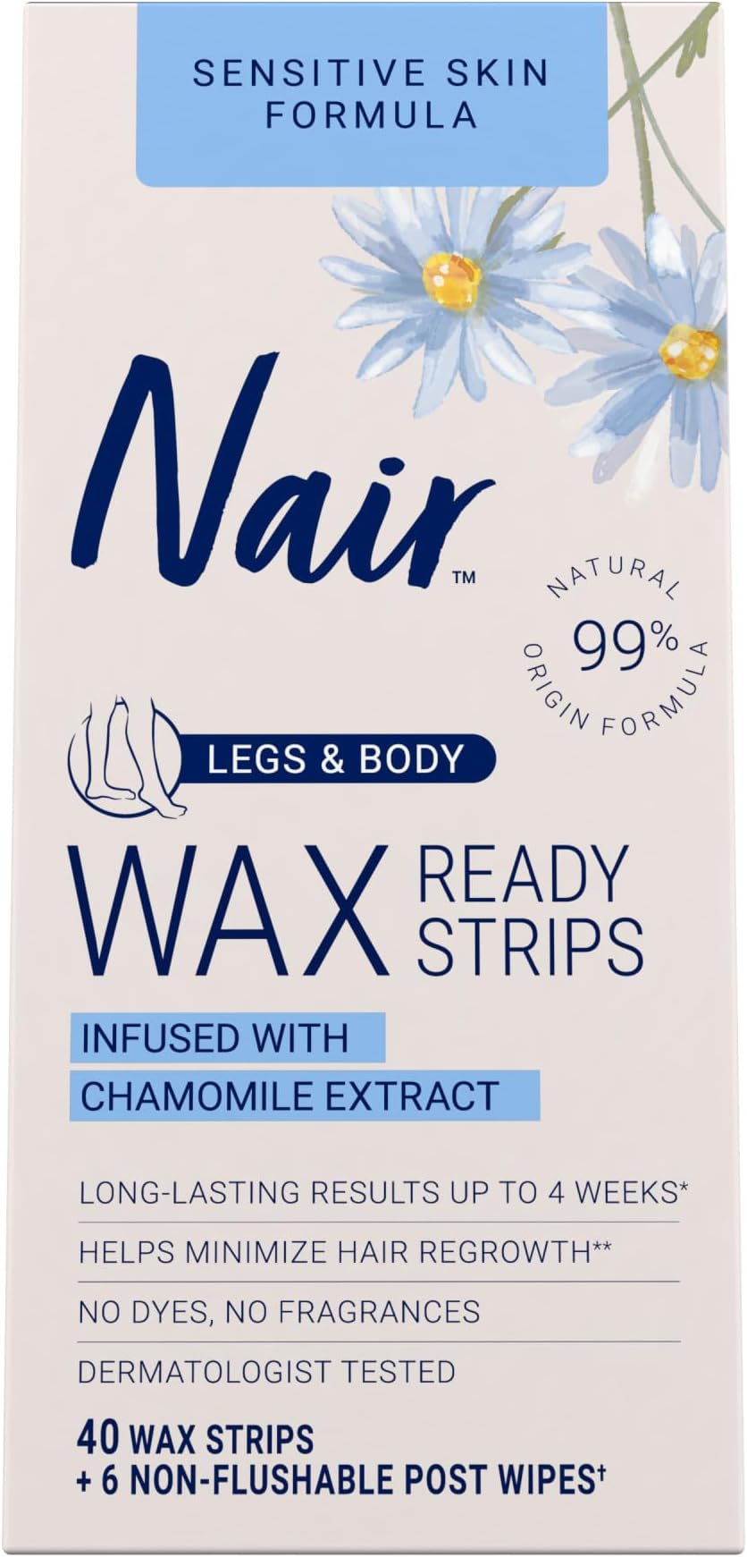 Sensitive Hair Remover Mess-Free Wax Ready Strips, Legs and Body Easy Hair Removal Wax Strips for Sensitive Skin, Chamomile Extract, Dermatologist Tested, Plus 6 Post Wipes, 40 Count
