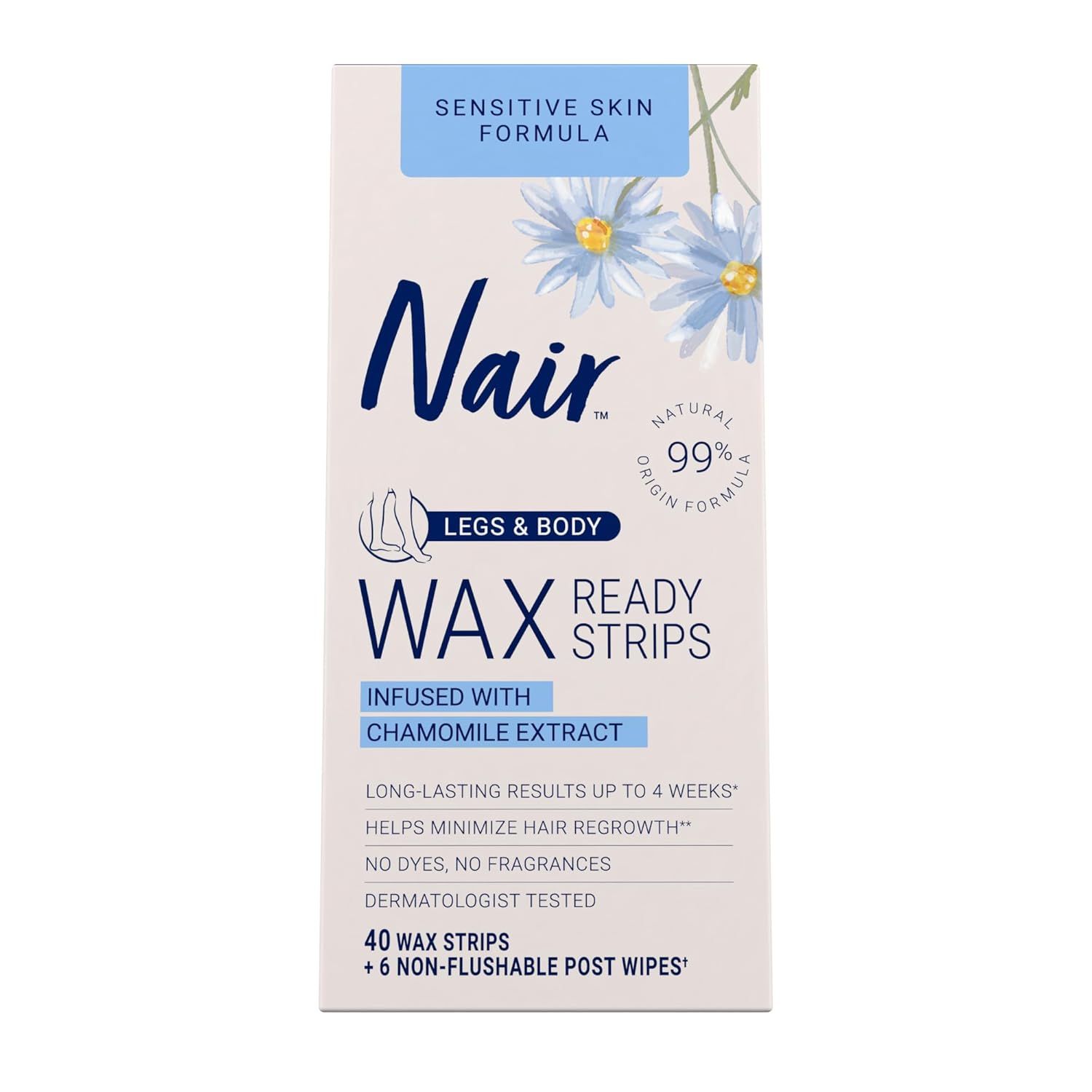 Nair Sensitive Hair Remover Mess-Free Wax Ready Strips, Legs and Body Easy Hair Removal Wax Strips for Sensitive Skin, Chamomile Extract, Dermatologist Tested, Plus 6 Post Wipes, 40 Count