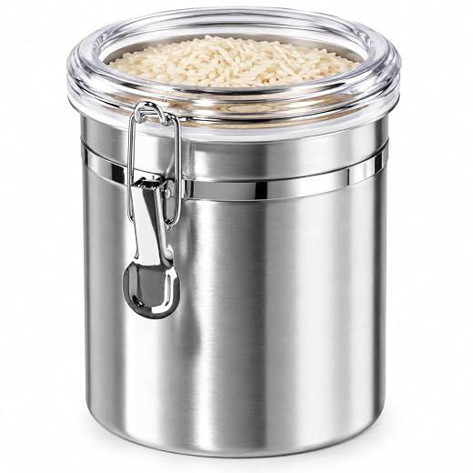 OGGI Stainless Steel Kitchen Canister 47oz - Airtight Clamp Lid, Clear See-Thru Top - Ideal for Kitchen Storage, Food Storage, Pantry Storage. Large Size 5" x 6"