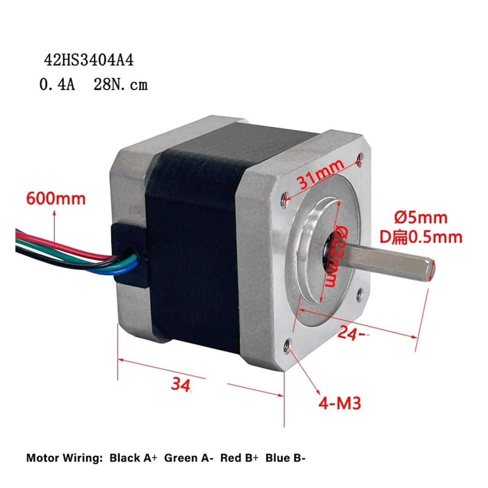 Motor Paso a Paso Motor Paso a Paso NEMA 17 de 4 líneas con 28N.cm 3,4 cm Corriente de Eje único 0.4A 28N.cm Longitud del fuselaje 3,4 cm 42HS3404A4